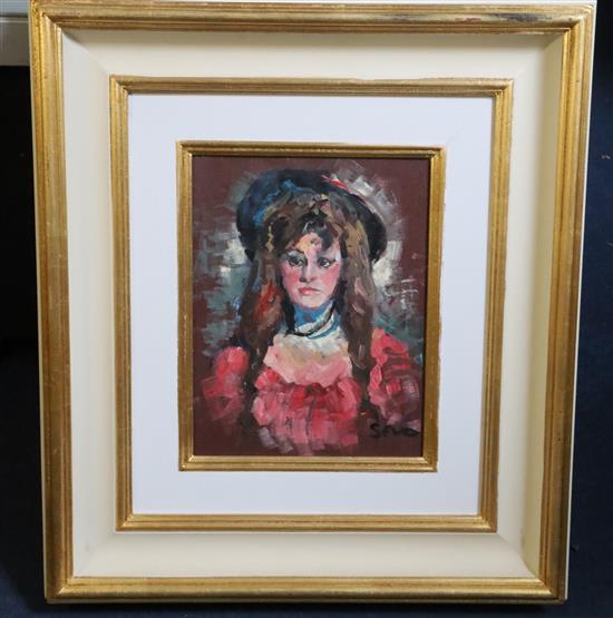 § Sherree Valentine-Daines (1956-) Portrait of a young woman wearing a red dress and bonnet 10 x 7.5in.